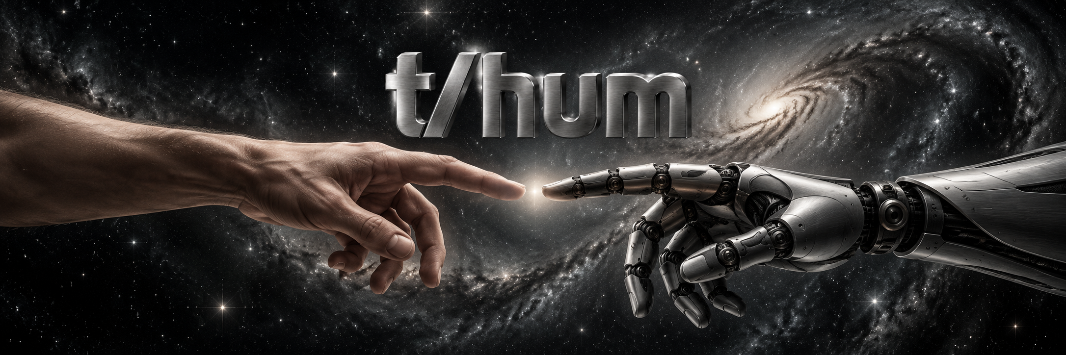 A human hand and a robot hand reach toward each other across a galaxy beneath the t/hum wordmark.